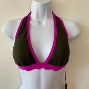 Ivanka Trump Olive Fucshia Triangle Halter Tie Bikini Top Small